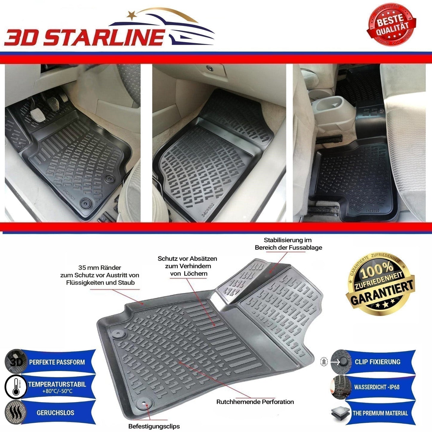 3D Starline Gummimatten Set für MERCEDES-BENZ CLA (C117) 2014-2018 Auto Fußmatten passgenaue ekstra hoher